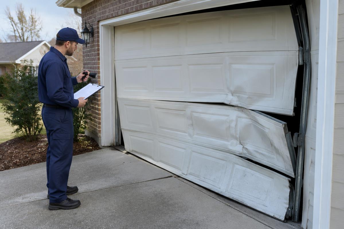 Technician inspecting a crashed, impact-damaged garage door in Youngsville, NC