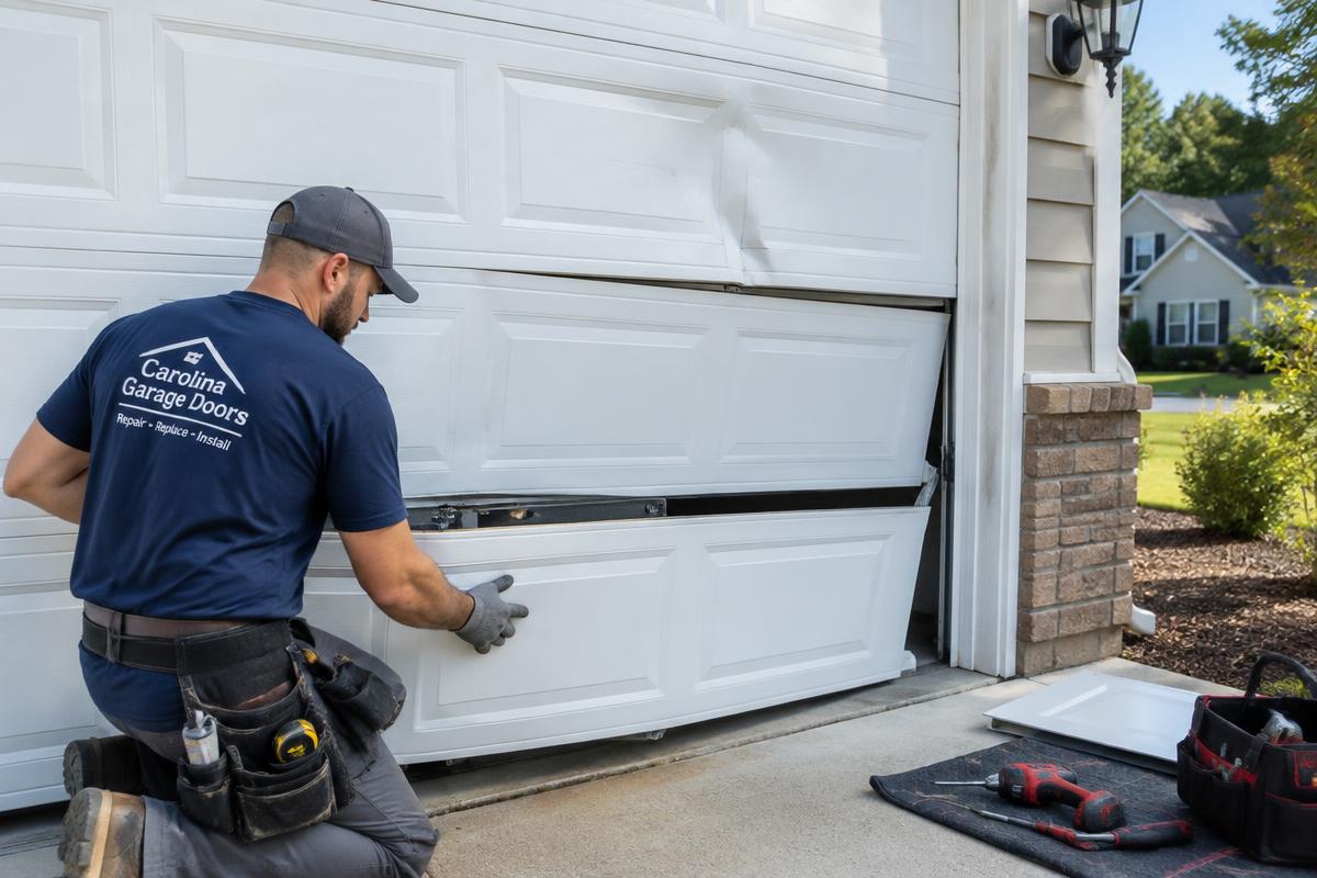 Technician replacing a damaged garage door panel in Youngsville, NC